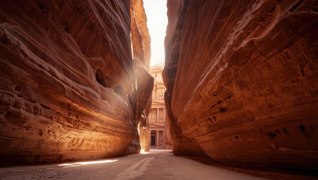 Al Siq Canyon in Petra, with its winding path and dramatic cliffs, serving as a background for adventure tourism and navigation