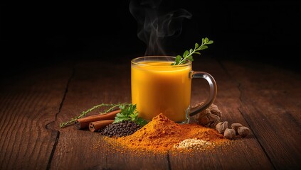 Turmeric and spices ground for traditional golden milk drink on a dark background, focusing on natural immunity support, health observance