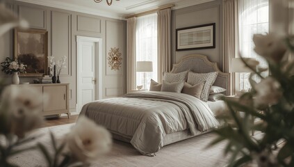 Gallery of bedroom furniture including a decorated king size bed, bedding, and window treatments, suitable for staging or sale