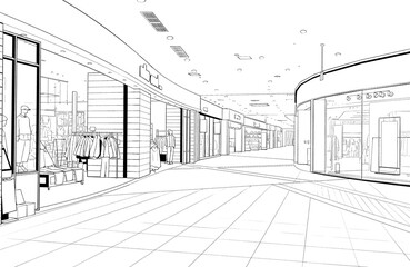 漫画風ペン画イラスト　店舗_ショッピングモール