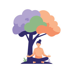 Person meditating peacefully under a colorful tree.