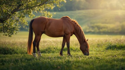 Chestnut or sorrel horse feeding in a pasture, outdoor environment for animal care