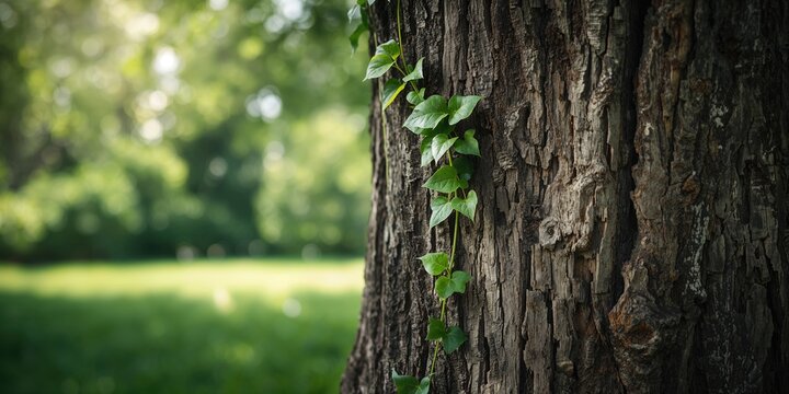 Vine extending along the textured surface of an old tree trunk, illustrating botanical development and ecological preservation - Powered by Adobe