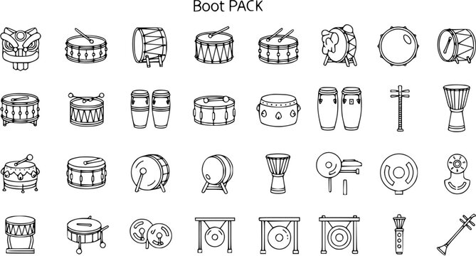 Detailed Black and White Vector Line Art Icons of Various World Drums and Percussion Instruments Pack