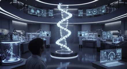 Scientists Engage with Advanced Holographic Interfaces and a Central Luminous DNA Helix in a State-of-the-Art Futuristic Genetic Research Laboratory, Showcasing Biotechnology and Innovation