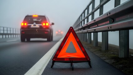 Red triangular warning sign on roadside with car in foggy conditions