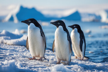 Fototapeta premium Group of penguins standing on an icy shoreline in daylight near the water
