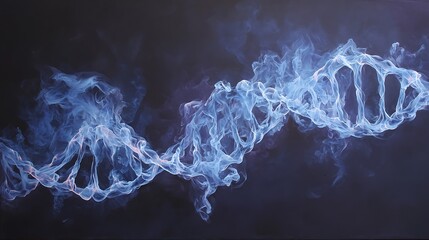 Glowing DNA helix with ethereal blue smoke on a dark background