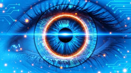 Close-up of futuristic eye with neon circuit design and blue background