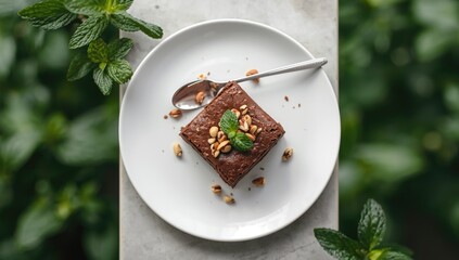 Chocolate brownies topped with hazelnuts and mint, arranged for food photography against a floral background, World Food Day