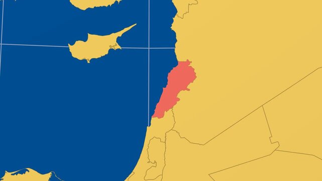 Lebanon on Globe. Animated zoom into the country in Ocean Blue Golden Yellow color palette. Lebanon logo animation. Map with meridians, parallels. Modern video.