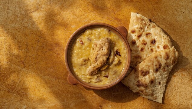 Harissa dish featuring chicken, wheat, and butter on a rustic wooden surface, emphasizing traditional preparation