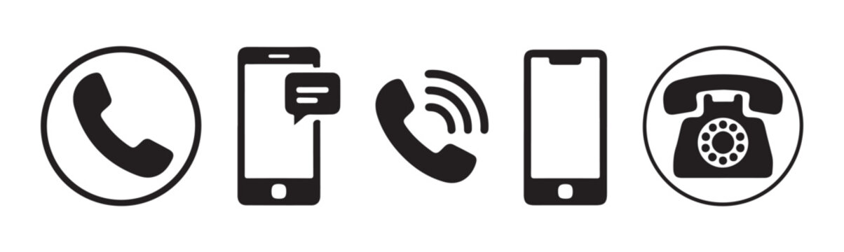 Collection of phone communication icons showing modern smartphone and vintage telephone contact symbols
