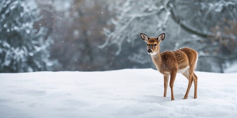 Obraz premium Deer in a winter zoo setting amidst snow and forest, animal conservation awareness