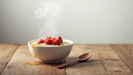 Breakfast dish featuring oatmeal, strawberries, and milk on a white table, highlighting fiber-rich choices, International Nutrition Week
