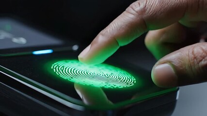 Close-up of a persons finger pressing on a futuristic glowing biometric fingerprint scanner on a sleek digital device, illustrating advanced security technology and personal data protection for secur. - Powered by Adobe