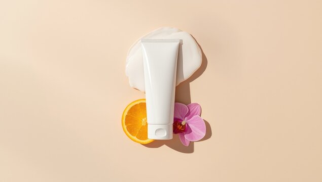 White cream container alongside an orange slice and archidea flower on neutral background, suitable for corporate branding templates