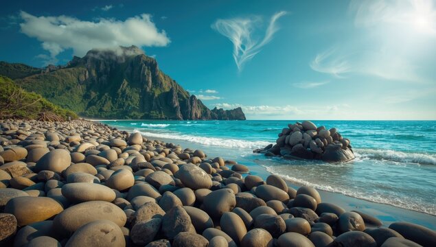 Valugan Boulder Beach featuring extensive volcanic stone formations, serving as a scenic background for environmental studies - Powered by Adobe