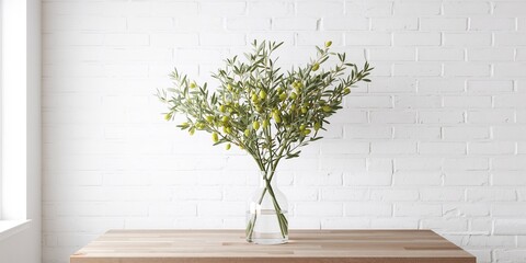 Glass vase holding green olive branches placed on a wall, used as a neutral background for interior styling, autumn interior design