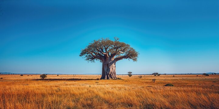 Giant Baobab Tree with textured bark and broad canopy, suitable for educational nature backgrounds