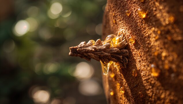 Detailed shot of pine branch segment oozing resin under sunlight, highlighting plant secretion and surface details