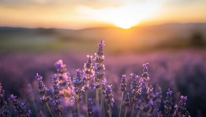 Close-up of violet lavender blooms in a pastel-colored landscape, suitable for nature backgrounds