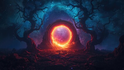 Sci-fi gateway featuring a fiery aura and silhouetted trees, focusing on digital art style, 3d visualization