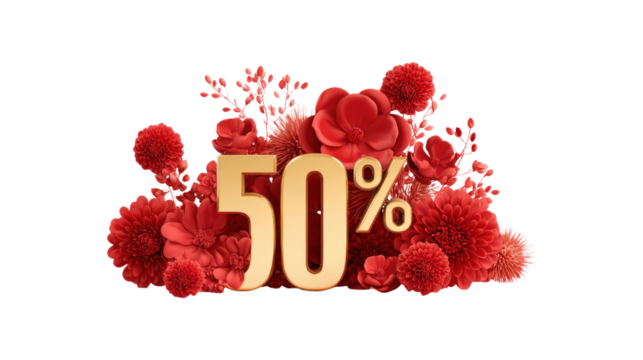 Fifty percent gold number and flower on floral pattern with neutral studio shot, isolated on a transparent background - Powered by Adobe