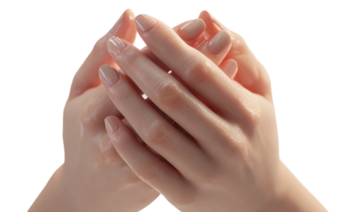 Peaceful hands emoji design with soft glowing effect symbolizing blessing, devotion, and mindfulness isolated on transparent background PNG