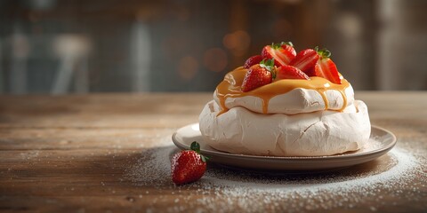 Pavlova dessert featuring meringue base and fruit garnish used as a festive table centerpiece