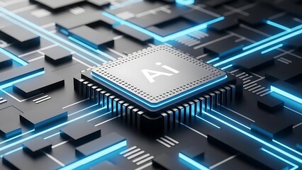 Artificial intelligence chip on modern circuit board with blue glowing lines