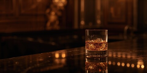 Elegant whiskey glass with ice on a bar counter, highlighting drink aesthetics and ambiance, World Alcohol Awareness Day