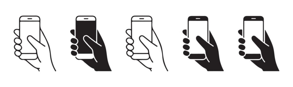Smartphone icon set with hands holding mobile phones in line and solid styles for mobile app interface design needs
