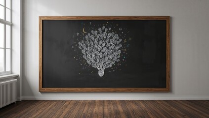 Educational chalkboard featuring light bulb sketches symbolizing creative thinking, suitable for layout backgrounds