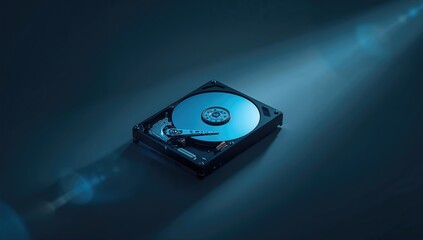 High-angle view of a hard drive illuminated by blue light, highlighting hardware reliability and repair work