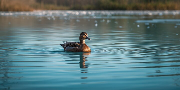 Female Eurasian Wigeon in flight over lake, highlighting flight behavior and wetland environment