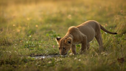 Young lion in open grassland, illustrating animal behavior for wildlife education