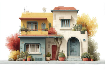 Modern cartoon house render with warm color palette, soft edges, and detailed plants around building, creating cozy and inviting atmosphere in artistic style