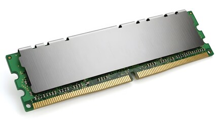 A close-up view of a computer RAM module with a green circuit board and gold connectors on a white background