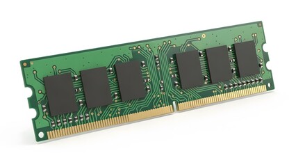 A close-up view of a computer RAM module with gold connectors on a white background