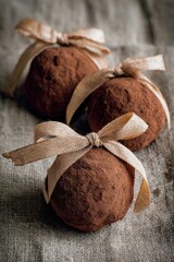 Three cocoa-dusted chocolate truffles tied with beige ribbons on a rustic fabric background. Concept Gourmet chocolate truffles, Cocoa-dusted treats, Beige ribbon accents, Rustic fabric backdrop