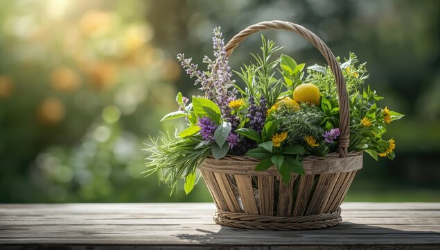 Fresh herb assortment in a rustic wooden basket featuring rosemary, purple sage, lemon balm, oregano, and flowers, suitable for cooking