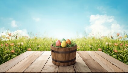 Decorative Easter display featuring painted eggs in a straw well on a wooden surface, complemented by flowers and grass, seasonal observance