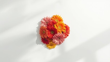 Obraz premium Colorful gerbera flowers arranged for decorative display on a white backdrop, floral aesthetics
