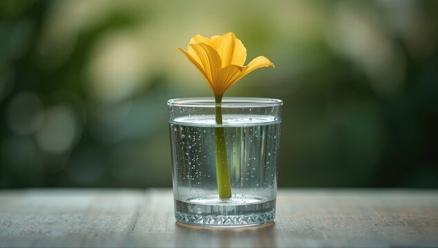 Gagea plant in a clear glass of water, emphasizing botanical display or floral preservation