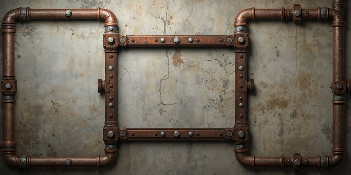 Retro metal rivets and piping on aged stucco wall, ideal for text overlay backgrounds