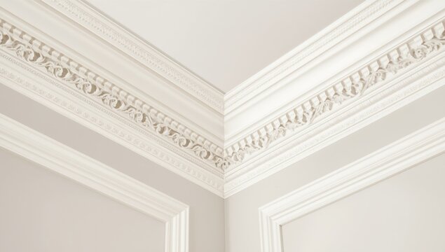 Close-up of ceiling with white decorative molding, interior design element for renovation projects