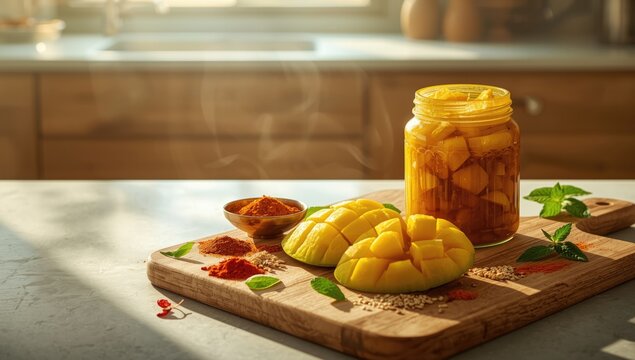 Homemade mango pickle with spices and ingredients, focusing on fermentation process