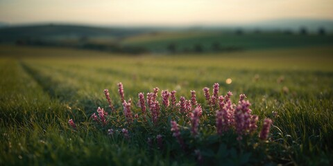 Naklejka premium Lush red clover in full bloom on a meadow under evening light, emphasizing sustainable farming practices, Earth Day