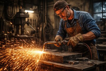Fabrication craftsman in workshop using gas cutting equipment on steel parts emitting sparks